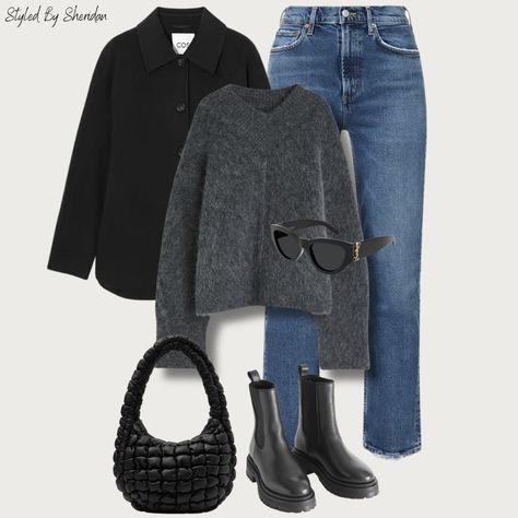 Jeans Chunky Boots Outfit, Chunky Black Chelsea Boots Outfit, Grey Chunky Boots Outfit, Straight Jeans Chunky Boots, Jeans With Chunky Boots, Chunky Black Boot Jeans, Chunky Knit Sweater Jeans, Black Chunky Knit Cardigan For Winter, Chunky Boots Outfit Jeans