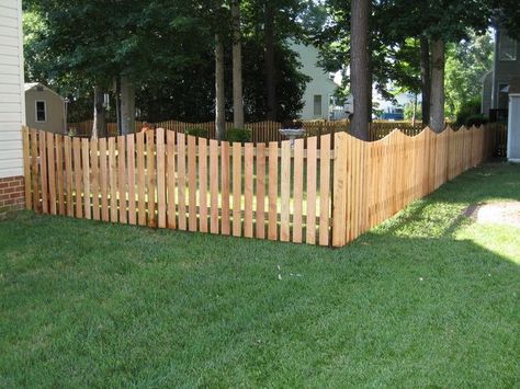 4 ft. Cedar Scalloped Picket | fence ideas | Pinterest stained to match the house -- start at front of house and run along both sides -- for privacy Double Gate Wood Fence, 4ft Wood Fence Ideas, 4 Ft Fence Ideas Yards, 4ft Fence Ideas, Scalloped Fence, Picket Fence Ideas, Fences Ideas, Wood Fence Design, Wood Fences