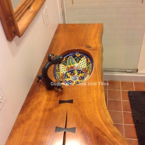 Stunning Santa Fe Mexican Sink with wood countertop, a perfect choice for your bathroom remodeling. Mexican Sink Bathroom Ideas, Underhill House, Mexican Bathroom Ideas, Santa Fe Bathroom, Southwest Bathroom, Mexican Style Bathroom, Southwestern Bathroom, Mexican Sink, Mexican Bathroom