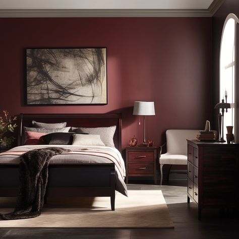 burgundy bedroom with dark wood furniture Paint Colors With Dark Furniture, Bedroom With Dark Wood Furniture, Maroon Bedroom, Burgundy Bedroom, Bedroom Upgrades, Dark Brown Furniture, Burgundy Walls, Best Bedroom Paint Colors, Dark Bedroom Furniture