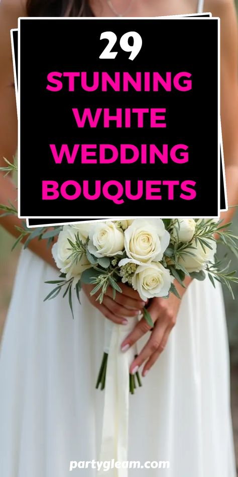 Discover 29 stunning white wedding bouquets for brides who want to make a lasting impression! From classic roses to modern arrangements featuring unique elements like olive branches, these floral designs are perfect for any wedding theme. Whether you're planning an elegant affair or a rustic celebration, these white bouquets will surely capture your heart and leave your guests in awe. Get inspired by these creative ideas and find the perfect bouquet that complements your romantic style. Bride Bouquets Olive Branch, Wedding Bouquet Pics, Simple Rose Bridal Bouquet, Spring Wedding Black And White, Best Wedding Bouquets, Bridal Bouquet February, All White Rose Bridal Bouquet, Bride Bouquet White Elegant Simple, Modern White Wedding Bouquet