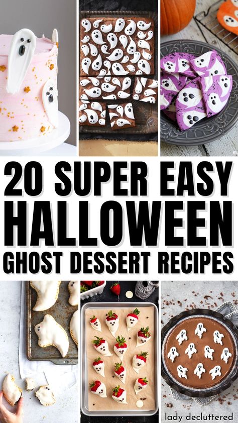 20 Super Easy Halloween Ghost Dessert Recipes Halloween Party Dessert Ideas Easy, Halloween Desserts Ghost, Halloween Ghost Fruit Kabobs, Halloween Ghost Snacks, Easy Spooky Treats For Halloween, Casper Themed Snacks, Ghost Recipes Halloween Treats, Spooky Marshmallow Treats, Ghost Treats Halloween