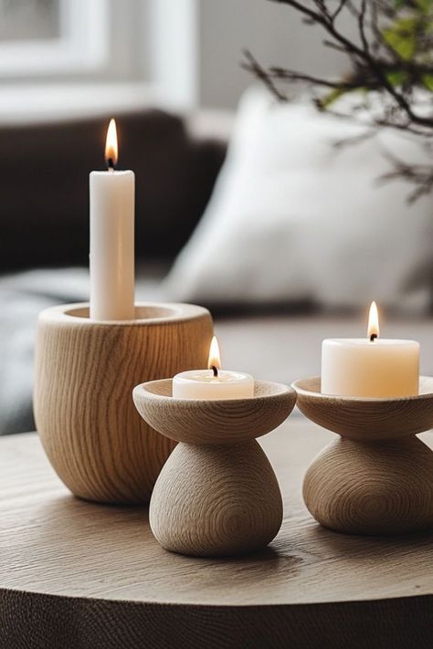 Create beautiful Scandinavian-style candle holders using natural materials like wood and stone! Perfect for a minimal, cozy touch to your home. #ScandinavianDecor #DIYProjects #CandleHolders Diy Candle Stand, Candle Stand Diy, Diy Candle, Scandinavian Decor, Candle Stand, Scandinavian Home, Diy Candles, Scandinavian Style, Scandinavian Design