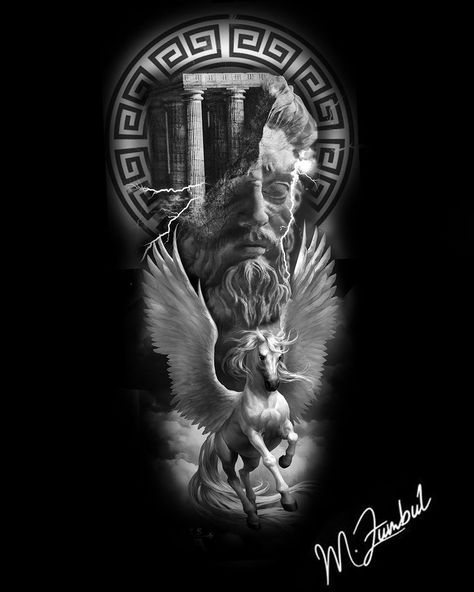 250+ Best Zeus Tattoo Designs With Meanings (2023) Greek Mythology - TattoosBoyGirl Pegasus Sleeve Tattoo, Greek Pegasus Tattoo, Pegasus Tattoo Men, Pegasus Tattoo Mythology, Zeus Tattoo Design Ideas, Greek Mythology Tattoo Design, Greek Mythology Tattoos Sleeve Ideas, Tattoo Ideas Greek, Pegasus Tattoo Design