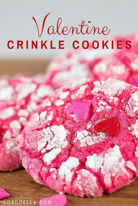 Valentine Crinkle Cookies Valentines Cookies Decorated Ideas, Easy Cake Mix Cookies, Valentine Cookies Decorated, Valentines Recipes Desserts, Crinkle Cookies Recipe, Valentines Snacks, Valentines Baking, Cookies Ideas, Cookies Easy