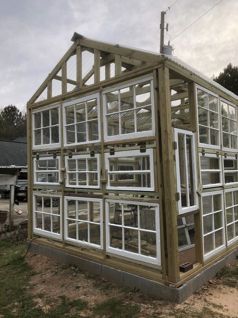 Backyard Greenhouse Ideas, Old Window Greenhouse, Greenhouse Construction, Window Greenhouse, Cold Frames, Recycled House, Brick Floor, 55 Years Old, Lean To Greenhouse