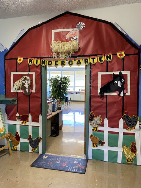 Barnyard Decorations Farm Theme, Farm Classroom Transformation, Chicken Door Ideas, Barnyard Theme Classroom, Classroom Farm Theme, Farm Decorations, Farm Animal Classroom Theme, Barn Craft, Farm Theme Classroom