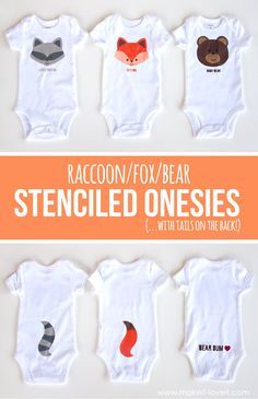 Fox, Bear, & Raccoon DIY Stenciled Onesies (...with tails on the back!) | via www.makeit-loveit.com Idee Cricut, Cricut Baby, Having A Baby Boy, Projets Cricut, Baby Projects, Baby Boy Onesies, Boy Onesie, Baby Diy, Woodland Baby