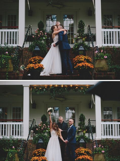 How darling is this front porch wedding ceremony?! Swoon! Front Porch Wedding Decor, Front Yard Wedding Ceremony, Front Porch Wedding Decorations, Porch Wedding Decorations, Front Porch Wedding Ceremony, Back Porch Wedding, Porch Wedding Ceremony, Flowers Front Porch, Front Porch Wedding