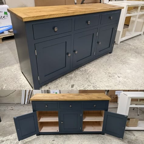 Upcycle Oak Sideboard, Hague Blue Furniture, Painted Oak Sideboard, Pine Sideboard Upcycle, Upcycled Sideboard Ideas, Wooden Furniture Makeover, Kitchen Sideboard Ideas, Painted Sideboard Ideas, Painting Pine Furniture