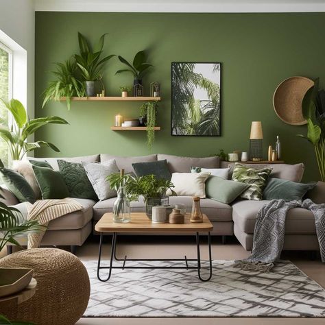 How to Use Green in Your Living Room for a Soothing Ambiance • 333+ Inspiring Lifestyle Ideas Art For Green Living Room, Grey Couch Green Walls Living Room, Green And White Aesthetic Living Room, Living Room Ideas Gray Sofa, Sage And Forest Green Living Room, Gret Sofa, Sage Green Living Room Grey Sofa, Sage Green Living Room Brown Sofa, One Green Wall Living Room