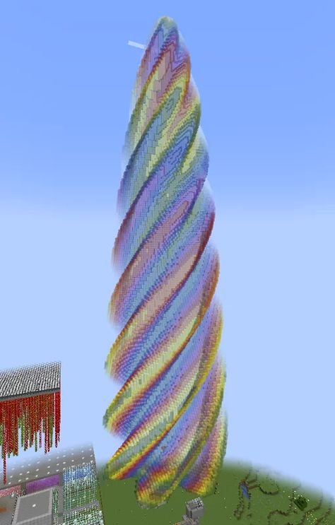 Minecraft Glass Floor Ideas, Minecraft Tower Staircase, Spiral Stair Case Minecraft, Rainbow Minecraft Builds, Minecraft Rainbow Builds, Minecraft Curved Staircase, Minecraft Spiral Stairs, Spiral Staircase Minecraft, Minecraft Spiral Staircase