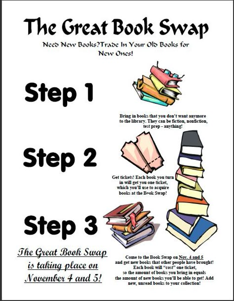 #Books#Swap# http://smsh.dadeschools.net/news/0910/newsarchive1109.htm How To Host A Book Swap, Book Club Event Ideas, Book Swap Poster, Book Club Ideas Activities, March Reading Month Ideas, Book Swap Ideas, Book Exchange Ideas, Book Swap Party, Book Exchange Party