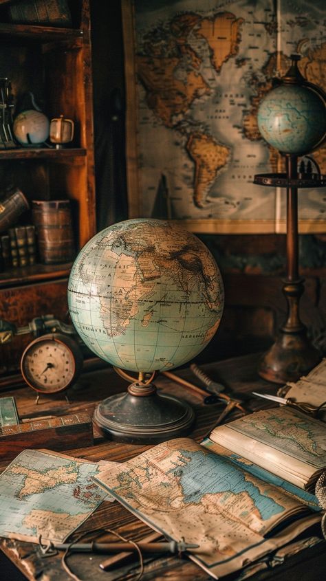 "Vintage Explorer's Desk: An #antique-styled explorer's desk with a classic #globe, surrounded by worn #maps and timeless #artifacts. #exploration #vintage #aiart #aiphoto #stockcake ⬇️ Download and 📝 Prompt 👉 https://stockcake.com/i/vintage-explorers-desk_678329_828978" Explorers Office, Vintage Explorer Aesthetic, Vintage Antique Aesthetic, Explorer Aesthetic, Vintage Explorer, Antique Globe, Desk Globe, Xmas Wrapping, Antique Aesthetic