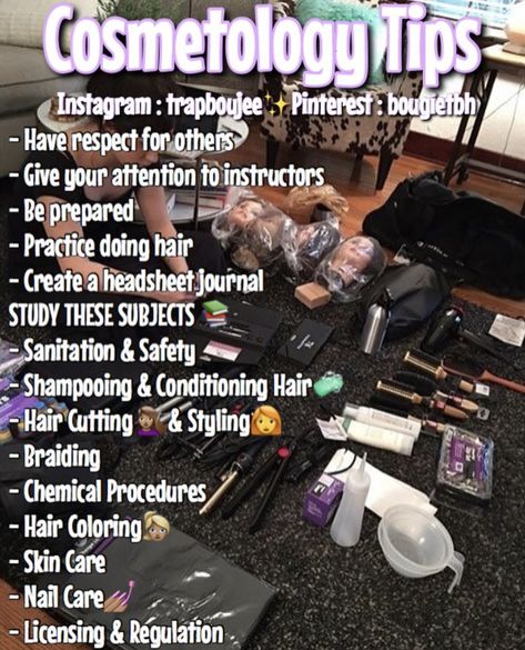 Cosmetology Tips Student, Must Haves For Cosmetology School, Cosmetology Student Hairstyles, First Day Of Cosmetology School, Things You Need For Cosmetology School, Cosmetology Tips And Tricks, Hair School Cosmetology Tips, She Shed Ideas For Small Business, Cosmetology School Essentials