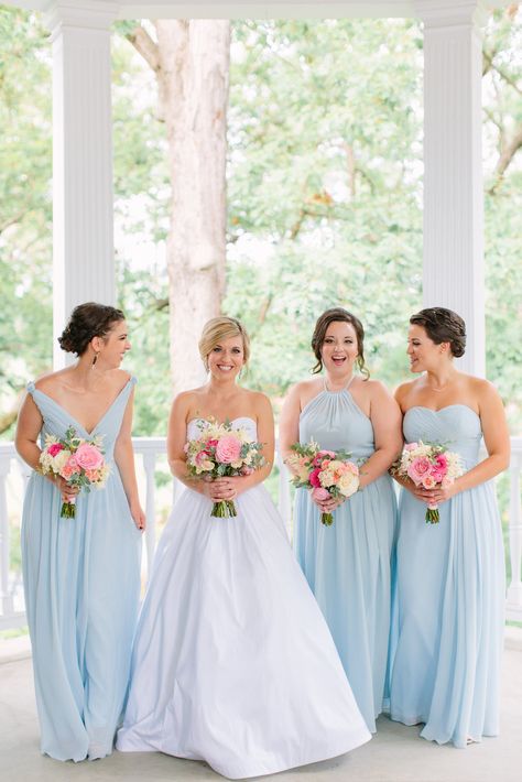 Bright Summer Wedding Bridesmaids, Pink Yellow Blue Wedding Bridesmaid Dresses, Corn Flower Blue Bridesmaid Dresses, Light Pink Bridesmaid Dresses With Bright Flowers, Powder Blue Bridesmaid Dress, Pink Yellow Blue Bridal Bouquet, Light Blue Bridesmaid Dresses Pink Bouquet, Sky Blue Bridesmaid Dresses, Wedding Party Bridesmaid