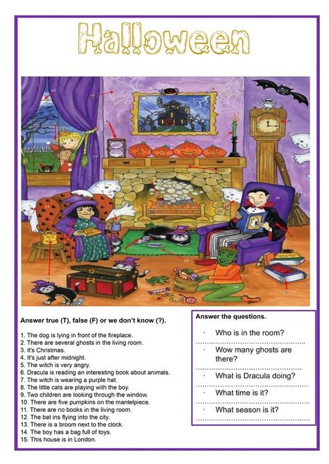 Here's a fun picture description exercise for Halloween. The students have to look at the picture and read the statements. They have to write true (T), false (F) or we don't know (?). Esl Halloween Activities, Esl Halloween Worksheets, Halloween Esl Activities, Halloween English Activities, Halloween Esl, Halloween Worksheets For Kids, Halloween Worksheet, Spooky Pictures, Halloween Vocabulary