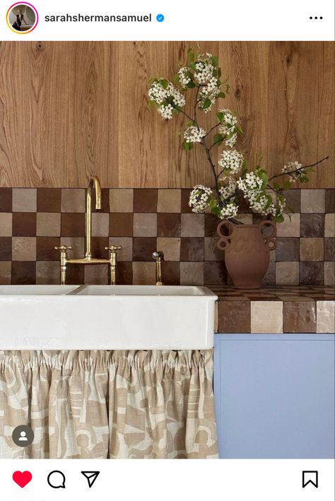 Skirted Sink, English Home Design, Checkerboard Tile, Vintage Farmhouse Sink, Tudor Kitchen, Sarah Sherman, Kitchen Aesthetics, Sarah Sherman Samuel, Check Mate