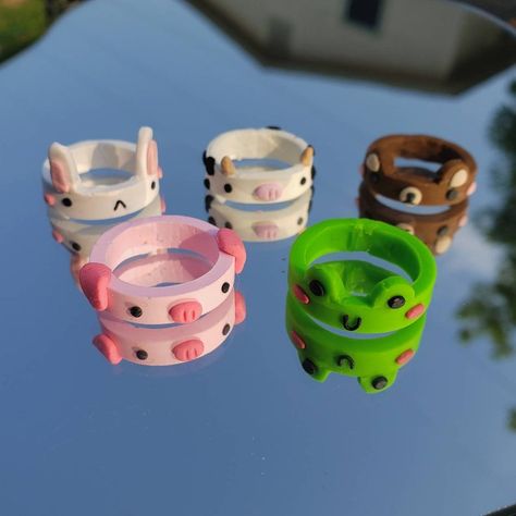 Cow Clay Ring, Clay Frog Ring, Pig Clay, Cow Clay, Frog Clay, Cincin Diy, Fimo Ring, Clay Frog, Diy Clay Rings