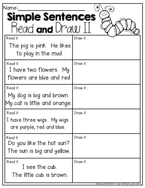 READ and DRAW!  Read the SIMPLE sentences and draw a picture to match! Simple Sentence, Ela Worksheets, First Grade Worksheets, Worksheet For Kids, First Grade Reading, 1st Grade Worksheets, Comprehension Worksheets, Kindergarten Writing, Reading Worksheets