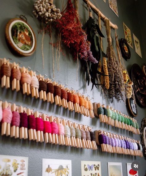 Craft Room Cottagecore, Fiber Artist Studio, Artist Setup Art Rooms, Embroidery Studio Craft Rooms, Whimsical Art Studio, Witchy Art Studio, Etheral Bedroom, Embroidery Thread Storage Ideas, Embroidery Floss Storage Ideas