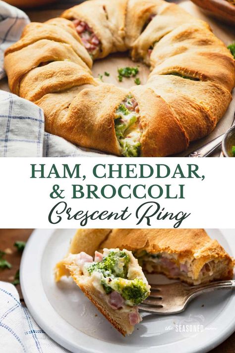 Ham and cheese crescent rolls bake in a ring for an easy-to-serve, easy-to-slice weeknight dinner or crowd-pleasing appetizer. The ham, cheddar, and broccoli crescent ring is flaky, golden brown, and stuffed with a creamy, cheesy, and flavorful filling. It's delicious alongside a simple salad, potato chips, or fresh fruit. Ham Broccoli Cheese Crescent Ring, Ham And Cheese Crescent Roll Bake, Broccoli Ham Ring, Crescent Roll Pizza Ring, Crescent Roll Ring Recipes, Ham And Cheese Crescent Rolls, Ham And Cheese Crescent, Cheese Crescent Roll Recipes, Crescent Roll Bake