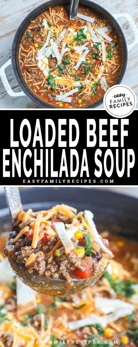 Husband's FAVORITE! This easy soup recipe is always a winner at our house! Ground Beef Enchilada Soup takes all of those comforting mexican flavors and packs them in to a cozy soup perfect for a filling dinner. If you need a ground beef recipe, this is it! This recipe is quick, easy, and can all be made in one pot! Soup With Ground Beef And Spinach, Soup Recipe With Ground Beef, Soups Using Ground Beef, Ground Beef Enchilada Soup, What Can I Make With Ground Beef, Beef Tortilla Soup, Crockpot Recipes With Ground Beef, Beef Enchilada Soup, Enchilada Soup Recipe