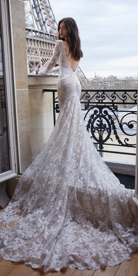 low back wedding dresses mermaid with long sleeves lace embelishment train julie vino Wedding Dress Low Back, Back Wedding Dress, Backless Wedding, Dream Wedding Ideas Dresses, Fair Lady, Sleeve Wedding Dress, Western Wedding, Long Sleeve Wedding, Backless Wedding Dress