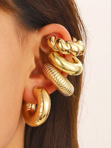 4pcs Exaggerated Personality Spiral Line Hollow Out C Design Circle Column Large Gold-Tone Clip-On Earrings, Suitable Fot Women's Daily Wear, Parties, Banquets, Weddings, Etc.I discovered amazing products on SHEIN.com, come check them out! Spiral Line, Design Circle, C Design, Amazing Products, Clip On Earrings, Daily Wear, Gold Tones, Weddings, Gold