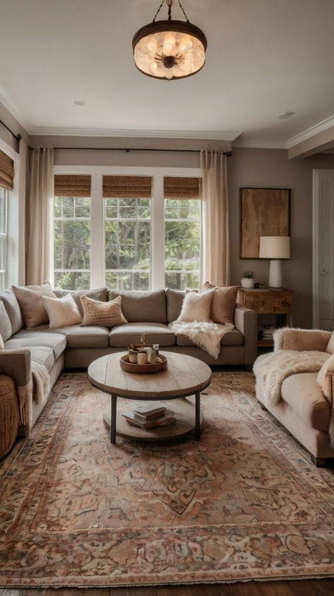 Cozy living room featuring a neutral-toned sectional sofa, vintage area rug, wooden coffee table, and natural light streaming through large windows with soft curtains. Cool Toned Living Room Decor, Living Room Remodel Cozy, Home Inspo Cozy Living Room, House Inspiration Living Room, Brown Wood Floors Living Room, Light Brown Sofa Living Room Ideas, Warm Wood Floors Living Room, Den Ideas Cozy Family Rooms, Mixing Wood Tones Living Room