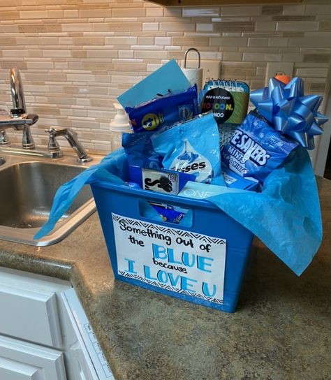 Something Out Of The Blue Because I Love You, Something Out Of The Blue Bc I Love You, Something Blue Cause I Love You Basket, Something Out Of The Blue, Something Out Of The Blue For Boyfriend, Blue Gift Basket Ideas For Him, Blue Things For Gift Basket, Blue Items For Gift Basket, Blue Birthday Box Gift