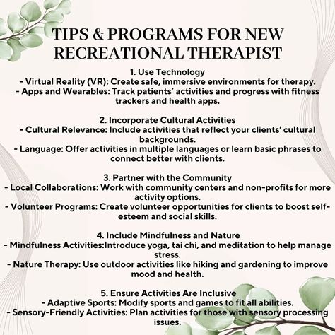 By integrating these unique ideas into your practice, you can enhance the effectiveness of your recreational therapy programs and create a more engaging and supportive environment for your clients #recreation #rectherapist #recreationtherapist #rectherapy #recreationaltherapy #therapeuticrecreation #ctrs #rectherapylife #mentalhealth #holistichealth #positiveaging #positivethinking #postivequotes #seniorliving #caretaker #activitydirector #selfcare #changequotes #nursing #inclusion #activity... Animal Assisted Therapy Activities, Recreation Therapy Activities, Wilderness Therapy, Recreational Therapist, Recreational Therapy, Therapeutic Recreation, Psychology Notes, Athletic Attire, Recreation Therapy