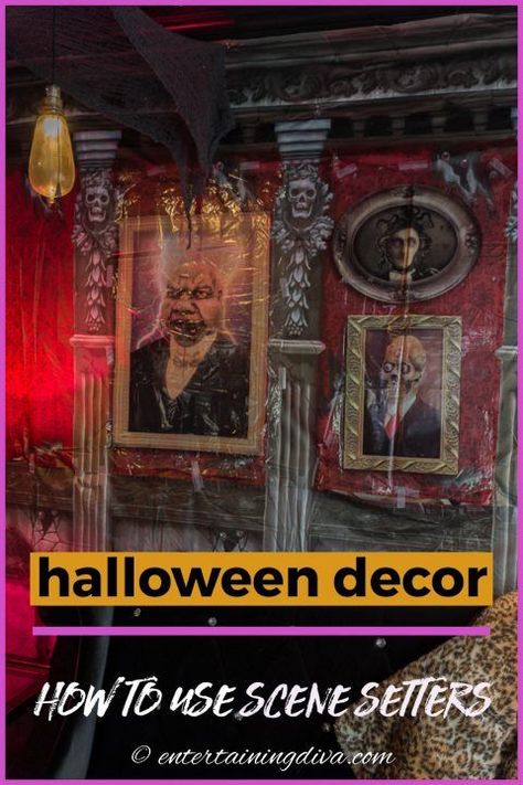 Convert your house into a haunted mansion for Halloween with these scene setters. Click through to find out where to get scene setters and how to install them. #entertainingdiva #halloween #halloweendecor #hauntedhouse #diyhalloween #halloweenindoordecor Halloween Scene Setters, Spook Houses, Halloween Party Backdrop, Haunted House Halloween Party, Halloween Haunted House Decorations, Scene Setters, Haunted House Decorations, Halloween House Party, Easy Halloween Decorations