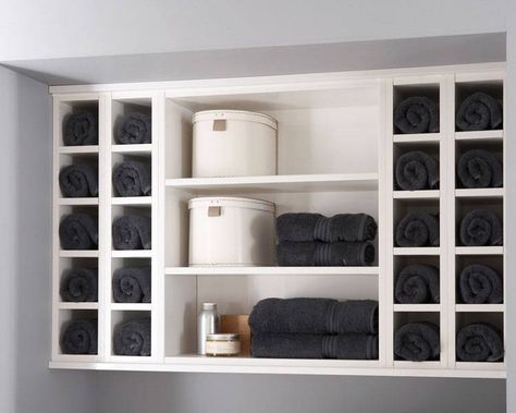 towel storage Spa Towel Storage Shelves, In Wall Towel Storage, Towel Storage Salon Shelves, Salon Towel Storage Ideas, Howdens Bathrooms, Bathroom Towel Storage Ideas, Salon Shelves, Towel Display, Bathroom Towel Storage