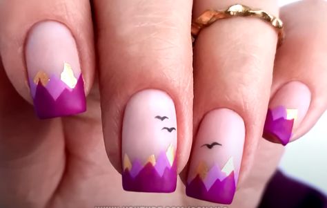 Mountain Theme Nail Art, Mountain Nails Designs Art, Nails For Mountain Vacation, New Zealand Nails, Mountains Nail Art, Mountain Nail Designs, Montana Nails, Camping Nails Designs, Mountain Nails Designs