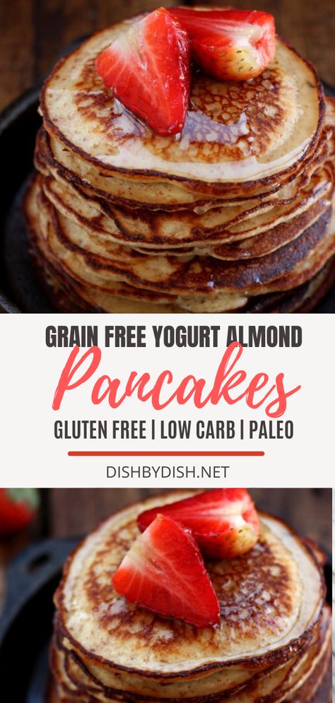 Amazing grain-free yogurt almond pancakes. Find out my recipe at dishbydish.net | healthy yogurt pancakes | greek yogurt pancakes | easy yogurt pancakes | no egg yogurt pancakes | no flour yogurt pancakes | paleo recipes | pancake recipes | gluten free recipes | breakfast recipes | breakfast brunch recipes #yogurtpancakesrecipe #yogurtandalmondpancakesrecipe Keto Greek Yogurt Pancakes, Almond Flour Greek Yogurt Pancakes, Almond Flour Yogurt Pancakes, Greek Yogurt Almond Flour, Fancy Pancake Recipe, Yogurt Pancakes Healthy, Leap Recipes, Greek Yogurt Pancakes Recipe, Low Carb Greek Yogurt