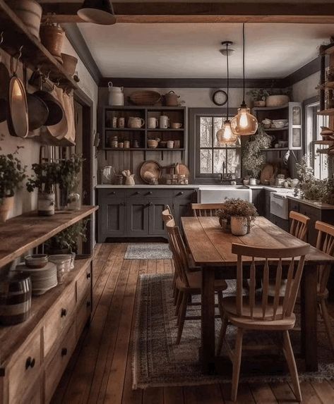 25 Moody Farmhouse Kitchen Ideas You Will Love Dark Farmhouse Kitchen, English Farmhouse Kitchen, Farmhouse Kitchen Designs, Moody Farmhouse, Unfitted Kitchen, Moody Kitchen, Country Cottage Kitchen, Farmhouse Kitchen Remodel, European Elegance