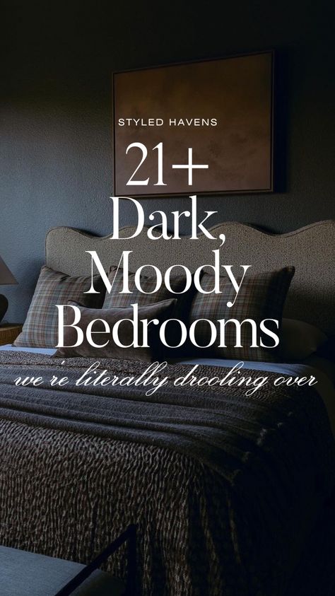 Searching for modern bedroom ideas and love the moody romantic bedroom vibe? It's no secret dark bedroom designs are trending in 2024, and these moody bedroom spaces are a MUST-SEE when it comes to bedroom design and bedroom style. (SAVE to your bedroom inspo board for when you're ready to plan your dream space!) Dark Cozy Aesthetic, Moody Bedrooms, Dark Modern Bedroom, Dark Moody Bedroom, Moody Romantic Bedroom, Dark Bedroom Walls, Dark Romantic Bedroom, Dark And Moody Bedroom, Moody Bedroom Ideas