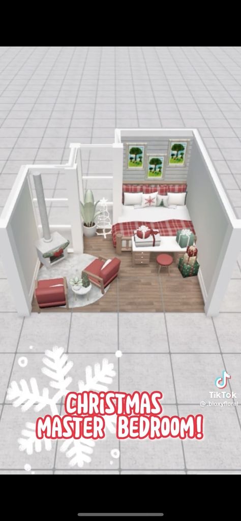 Bloxburg House Ideas Interior Christmas, Bloxburg Xmas Bedroom, Bloxburg Christmas Interior Ideas, Bloxburg Chill Room, Cute Master Bedrooms In Bloxburg, Small Christmas Bloxburg House, Christmas Bloxburg Kitchen Ideas, Bloxburg House Ideas 2 Floor Layout Christmas, Roblox Bloxburg House Ideas Christmas