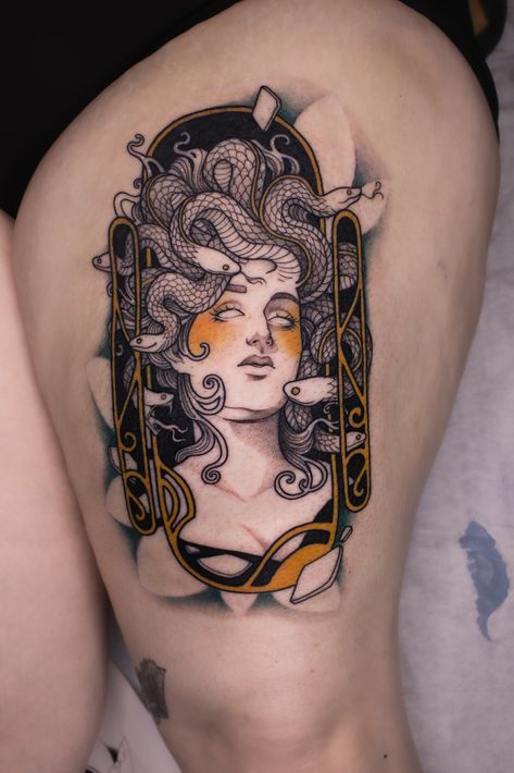 Greek Frame Tattoo, Art Nouveau Medusa Tattoo, Art Nouveau Medusa, Art Nouveau Hand Tattoo, Ophelia Painting Tattoo, Art Nuevo Tattoo, Art Nouveau Tattoos, Art Nouveau Tattoo Woman, Art Neauveau Tattoos