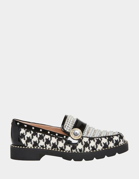 MARIAM BLACK/WHITE Plaid Loafers | Women's Loafers – Betsey Johnson Betsey Johnson Clothes, Blue By Betsey Johnson, Cowboy Shoes, Dance Heels, Betsey Johnson Shoes, Suede Boots Knee High, Rhinestone Embellishments, White Houndstooth, Lazy Days