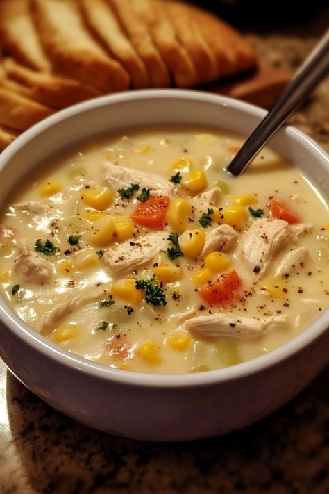 Creamy chicken and corn soup in a white bowl with a spoon. New England Chicken Chowder, Crock Pot Chicken Corn Soup, Healthy Chicken Corn Chowder, Creamy Chicken Corn Soup, Chicken Corn Potato Chowder, Chicken Corn Chowder Soup Easy, Chicken Corn Chowder Crock Pot, Chicken Corn Soup Recipes, Chicken Soup With Corn