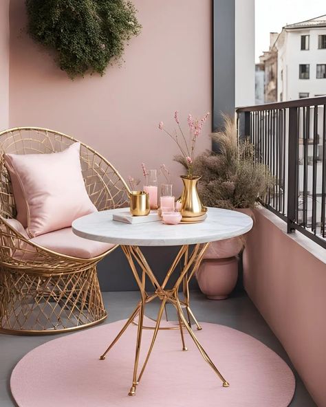 Loving this cozy and chic pink balcony setup! Perfect spot for morning coffee or an evening read. 🌸✨ #BalconyGoals #CozyCorner #PinkDecor #HomeInspo #BalconyDecor Balcony Setup, Pink Balcony, Cali House, Fantasy Homes, Apartment Balcony Decorating, Pink Themes, Apartment Balconies, Pink Decor, Chic Pink