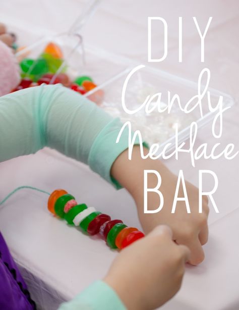 DIY Candy Necklace Bar for a fun, easy and affordable party activity and favor for kids! Diy Candy Necklace, Candy Room, Candy Theme Birthday Party, Candy Themed Party, Candy Land Birthday Party, Candy Necklace, 5th Birthday Party Ideas, Candy Birthday Party, Necklace Bar