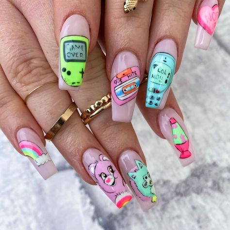 90s Nail Designs Art Ideas, Lucky Care Bear Nails, Care Bear Nail Designs, Carebear Nail Art, Care Bears Nail Art, Carebears Nail Designs, 90s Inspired Nails, Care Bear Press On Nails, Rave Nails