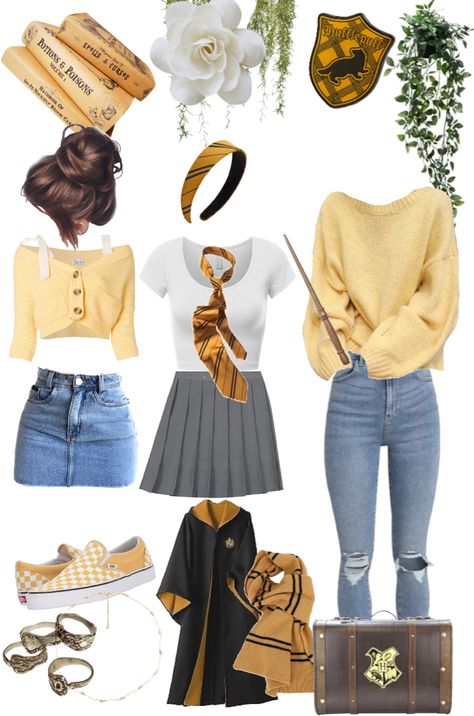 Hufflepuff Style Outfit, Hufflepuff Inspired Outfits Casual, Miss Honey Inspired Outfits, Hufflepuff Bounding, Harry Potter Outfit Ideas Hufflepuff, Cute Hufflepuff Outfits, Harry Potter Outfits Hufflepuff, Hufflepuff Outfit Aesthetic, Hufflepuff Wardrobe