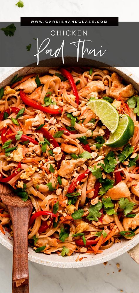 Chicken Pad Thai is a flavorful noodle stir-fry full of vegetables, chicken, rice noodles, eggs, and peanuts in a sweet and savory sauce. Make this popular dish at home in just 30 minutes! #thaifood #stirfry #asianrecipe | GarnishandGlaze.com Spicy Chicken Pad Thai, Thai Stir Fry Sauce, Pork Pad Thai, Chicken Rice Noodles, Thai Chicken Recipes, Thai Peanut Noodles, Chicken Pad Thai, Pad Thai Sauce, Preserving Foods