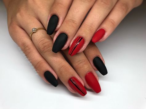 Red And Black Acrylic Nails Designs Short, Red And Black Matte Nails, Matte Black And Red Nails, Black With Red Nails, Matte Red Nails, Teal Nail Art, Red And Black Nails, Red Black Nails, Rock Nails