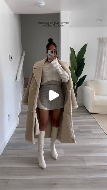 1.1M views · 196K likes | Talia | CONTENT CREATOR on Instagram: "Rounding up some recent neutral Fall looks🫶🏽 🍂 fall looks, neutral fall outfit inspo, outfit inspo, outfit inspiration, neutral looks, chic looks, sweaters, sweater dress, coats, trench coats, boots, tights, autumn style, neutral outfits, skirts, mini skirts" Thanksgiving Outfit Sweater Dress, Casual Sweater Dress Outfit, Beige Sweater Dress Outfit, Chunky Boots Outfit Fall, Knotted Dress Outfit, Long Sleeve Under Dress Outfits, White Booties Outfit Fall, Cream Boots Outfit, White Booties Outfit