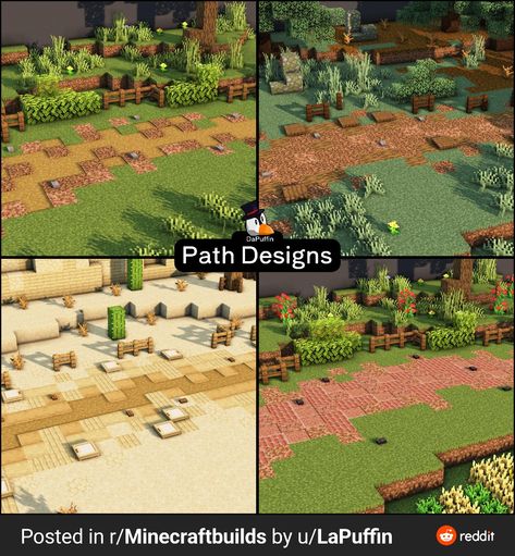 Minecraft Pathing Ideas, Minecraft Gravel Path, Minecraft Dirt Path Design, Minecraft Sand Path, Minecraft Best Builds, Minecraft Path Decorations, Cobblestone Path Minecraft, Paths In Minecraft, Dirt Path Minecraft